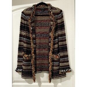 St John Jacket Size 12 Tweed Fringe Long Boucle Knit Open Front Pockets Cardigan